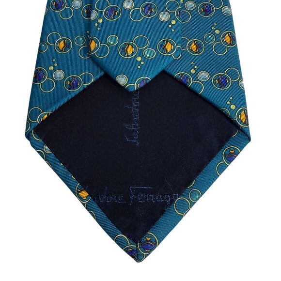 Salvatore Ferragamo Silk Neck Tie Goldfish Bubbles Pattern Teal Men's Neckwear - Picture 8 of 12